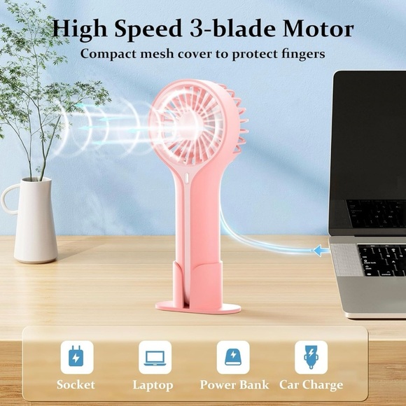 Portable Handheld Fan-Pink USB Rechargeable With Base For Desk - Picture 7 of 8
